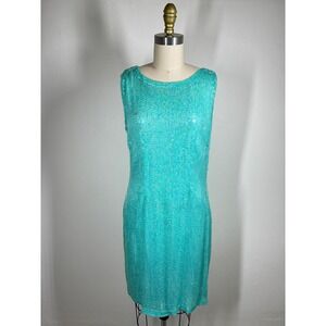 Vintage 90s Y2K Aqua Blue Beaded Sequin Dress Large Iridescent Mermaid Silk